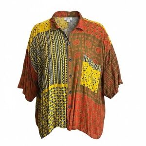 We Be Bop Womens 1X Patchwork Batik‎ Print Rayon Button Front Shirt #105Q